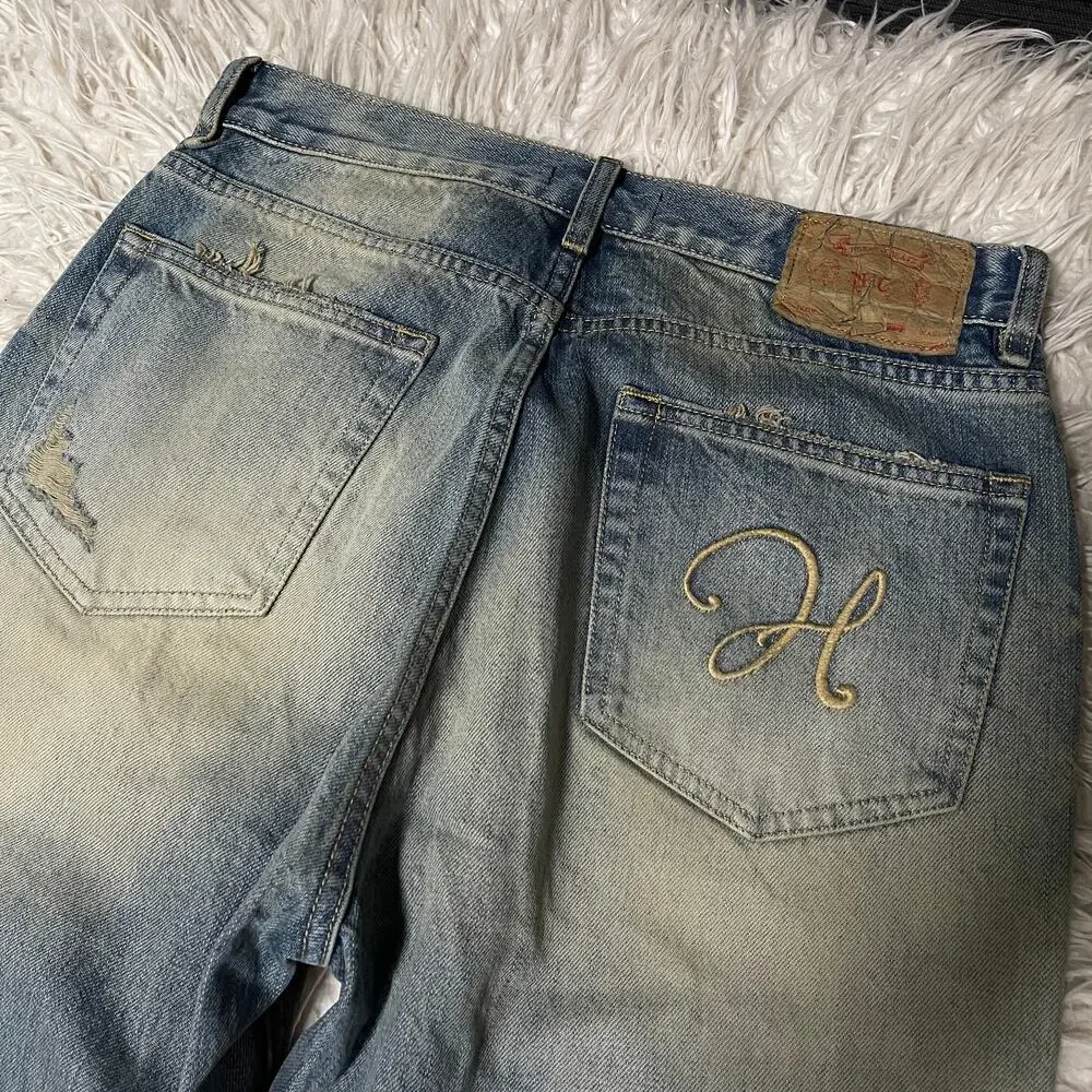 Vintage Faded Wash Distressed Ripped Wide-leg Baggy Denim Jeans Pants Blue sz 31 - Picture 7 of 16